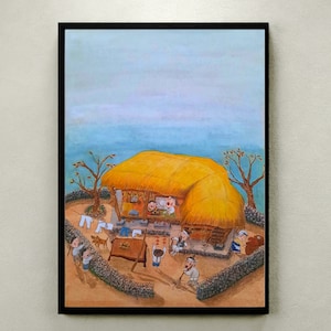Korean Traditional Vintage Painting - Asian Art Poster -Digital Download Wall Art- Family in a Cottage -Ink and wash painting -watercolor
