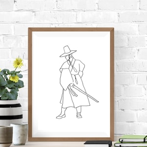 Korean Art, Man wearing Korean Traditional Cloth Hanbok, Korean hat Gat, Kingdom, Line drawing, Minimalist Printable Wall Art