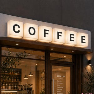 Puede incluir: Exterior de una cafetería con un letrero que dice "COFFEE" en letras de bloque iluminadas. La tienda tiene grandes ventanales, una pizarra de menú y una vitrina con pasteles. La tienda se llama "BREW LAB" y abre todos los días de 8:00 a 20:00.