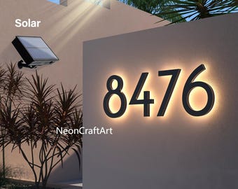Personalized Solar House Number-Light Up Address Plaque for Outdoor-LED Backlit Door Number-Modern Waterproof Metal Housewarming Gift