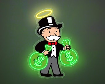 Monopoly Cash Neon Sign, UV Print Acrylic Led Neon Sign, Monopoly with A Bag of Money Led Neon Sign