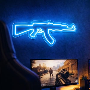 AK47ネオンサイン、ゲームルーム装飾用ガンネオンライト、LEDゲームルームウォールアート、クールなゲーマーギフト、AK47ネオンウォールサイン