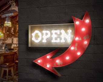 Marquee Light Retro Open Arrow Sign,customizable Marquee Sign,Rustic OPEN sign,Retro Bar/Pub Marquee Arrow Sign, Bar Business wall decor