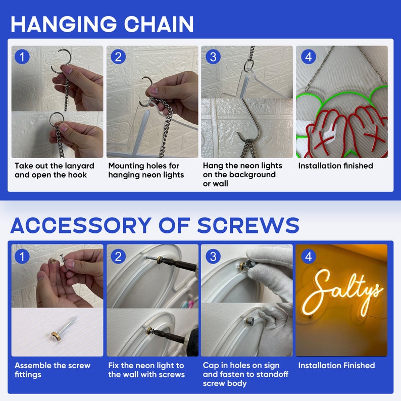 Op de afbeelding: Een stapsgewijze handleiding voor het ophangen van een neonbord met behulp van een ketting en schroeven. De afbeeldingen tonen het proces van het verwijderen van de lanyard, het monteren van het bord, het ophangen van het bord en tenslotte de voltooide installatie.