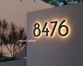 Personalized Solar House Number-Light Up Address Plaque for Outdoor-LED Backlit Door Number-Modern Waterproof Metal Housewarming Gift