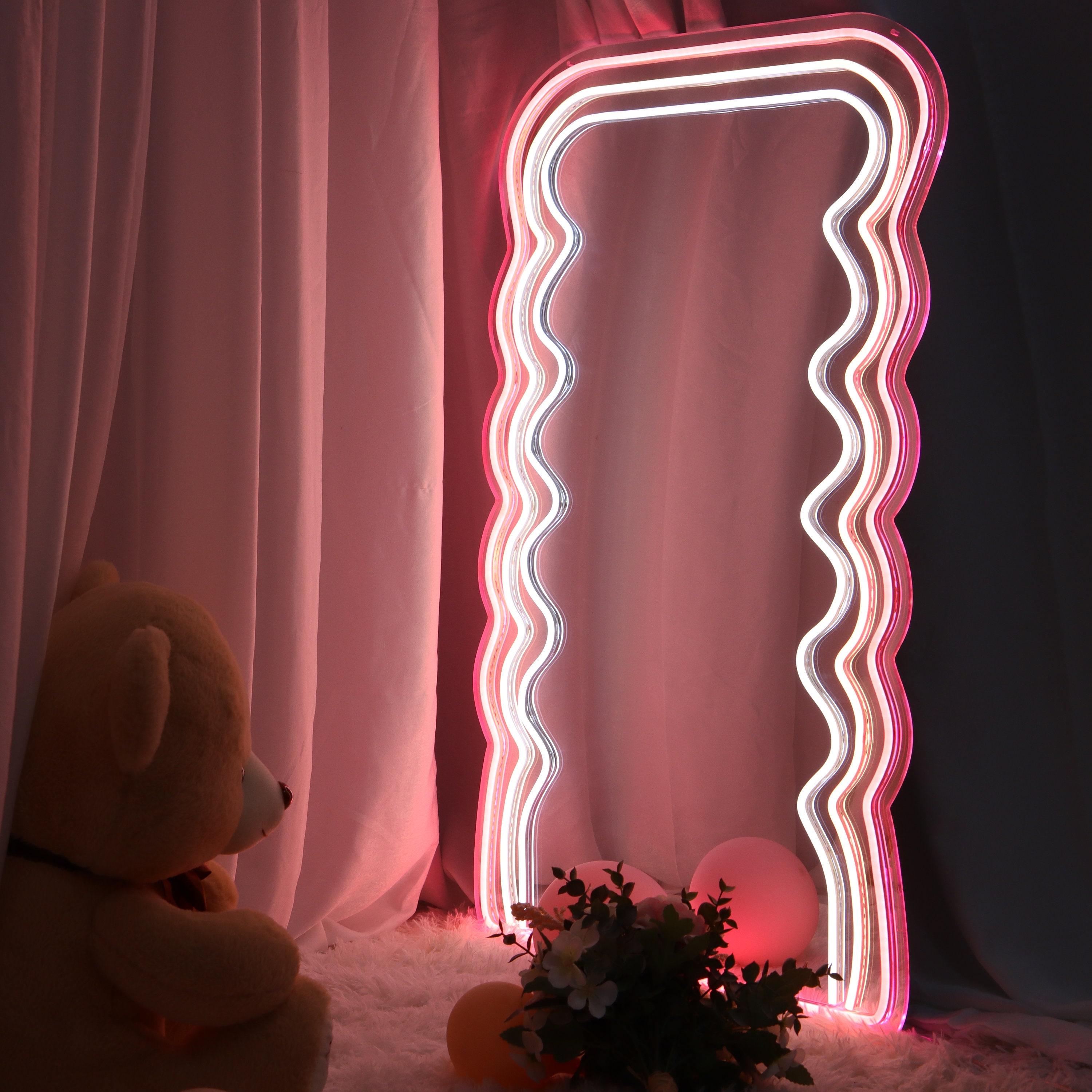 Wavy Pink Neon Mirror, Glowing Art, Gifts Mirror Etsy Mirror Livingroom, Artistic for - Neon Personalized Sign,neon Led Wall Vintage