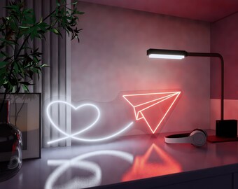 Herz Fliegen Papier Flugzeug Neon Schild, Papier Flugzeug Wand Dekor, Papier Flugzeug Wandkunst, Flugzeug Neon Schild