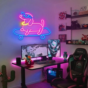 Skateboard Dog Neon Sign, Cute Glasses Dog LED Neon Light, Dimmable Animal Light Up Sign for Bedroom Decor Pet Shop Art Wall Decoration Gift