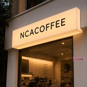 Puede incluir: Un letrero rectangular iluminado con el texto "NCA COFFEE" en letras may&uacute;sculas negras. El letrero est&aacute; montado sobre un escaparate de cristal. El interior de la cafeter&iacute;a es visible a trav&eacute;s del cristal, con un men&uacute; y equipo para hacer caf&eacute;.