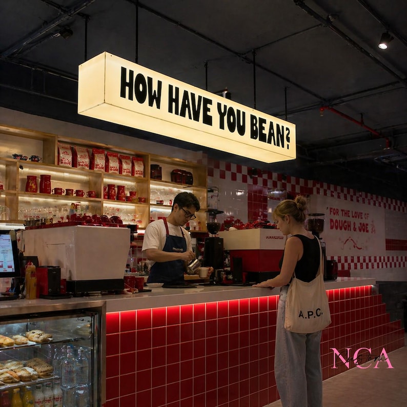 Op de afbeelding: Interieur van een koffiebar met een rood-witte betegelde toonbank en een bord met de tekst "HOW HAVE YOU BEAN?". Een barista maakt een drankje en een klant wacht. De schappen zijn gevuld met koffieproducten.