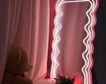 Wavy Pink Neon Mirror, Glowing Mirror Led Neon Sign,Neon Wall Art, Mirror Artistic Vintage for Livingroom, Personalized Gifts