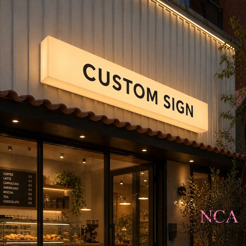 Op de afbeelding: Een rechthoekig, verlicht bord met de woorden "CUSTOM SIGN" in vette, zwarte letters. Het bord is gemonteerd boven een winkelpui met grote glazen ramen. Een menubord geeft koffie- en thee-opties weer. Het gebouw heeft een lichtgekleurde buitenkant.