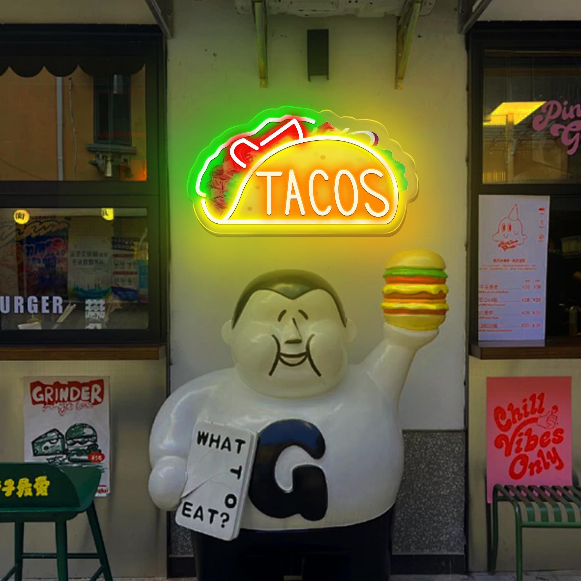 Insegna al neon con stampa UV di tacos, luce LED con