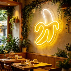 May include: A neon banana sign, with a yellow glow and white outline, illuminates a textured wall. The interior features wooden tables, plants, and a window, creating a cafe-like atmosphere.