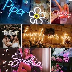 Op de afbeelding: Een verzameling neonborden met verschillende ontwerpen en zinnen, waaronder "Piper", een madeliefje, "The Ossurs", "happily ever after", "Sophia" en "Love You Long Time".