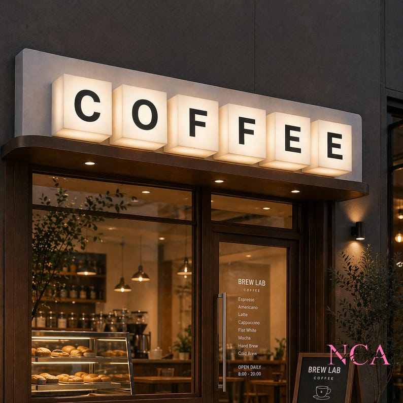Puede incluir: Exterior de una cafeter&iacute;a con un letrero que dice "COFFEE" en letras de bloque iluminadas. La tienda tiene grandes ventanales, una pizarra de men&uacute; y una vitrina con pasteles. La tienda se llama "BREW LAB" y abre todos los d&iacute;as de 8:00 a 20:00.