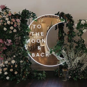 To The Moon and Back Neon Sign, Moon Decor Neon Light, Gold Mirror Moon Decor for Home, To The Moon and Back Sign,Wedding Decor