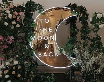To The Moon and Back Neon Sign, Moon Decor Neon Light, Gold Mirror Moon Decor for Home, To The Moon and Back Sign,Wedding Decor