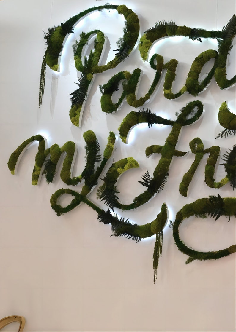 May include: A white wall with the words "Paradise my Friend" spelled out in green moss. The letters are outlined in white and have small lights behind them.
