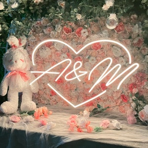 Sinal de néon com iniciais personalizadas, iniciais com sinal de néon de coração, sinal de néon de casamento, sinal de casamento inicial de coração, sinal de néon inicial de coração para casamento