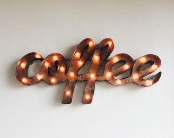 COFFEE Metal Marquee Letters Sign,Custom Rust Color Distressed Metal Vintage Light Up Marquee Bulbs Sign Letters,Business Illuminated Signs