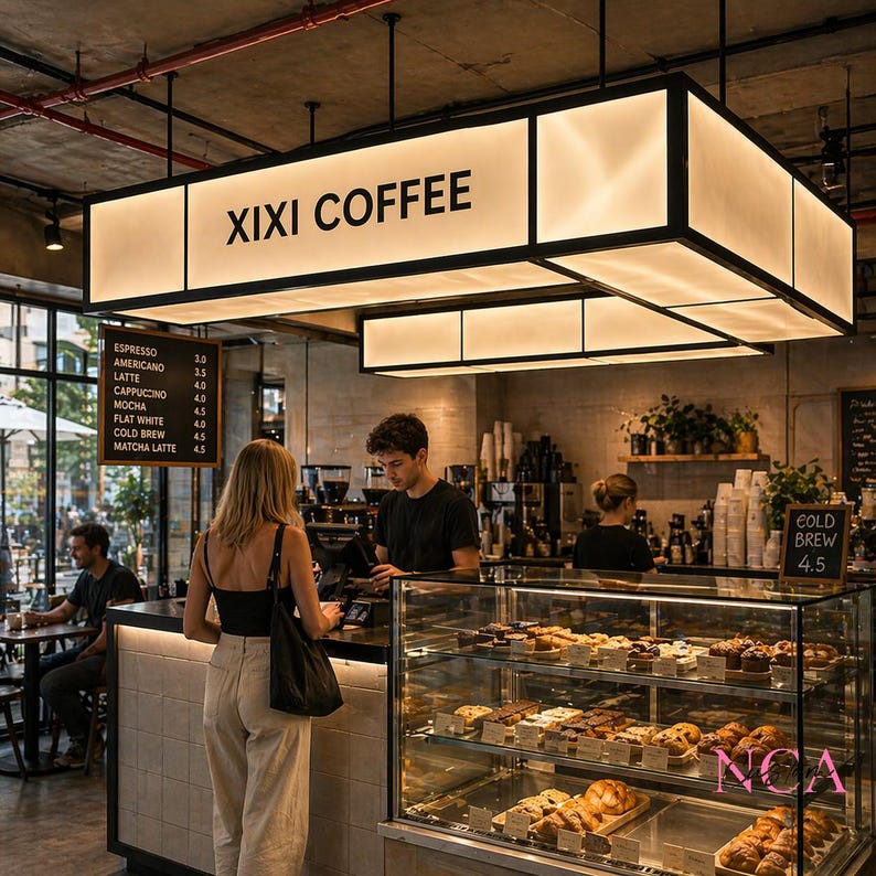 Op de afbeelding: Interieur van een koffiebar met de tekst "XIXI COFFEE" op een groot verlicht bord. Een klant staat aan de balie en een vitrine toont gebak. Een menubord toont koffieprijzen. De winkel heeft een modern, minimalistisch ontwerp.