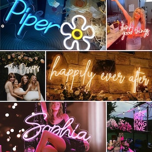 Op de afbeelding: Een verzameling neonborden met verschillende ontwerpen en zinnen, waaronder "Piper", "The Ossys", "happily ever after", "Sophia" en "Love you long time".