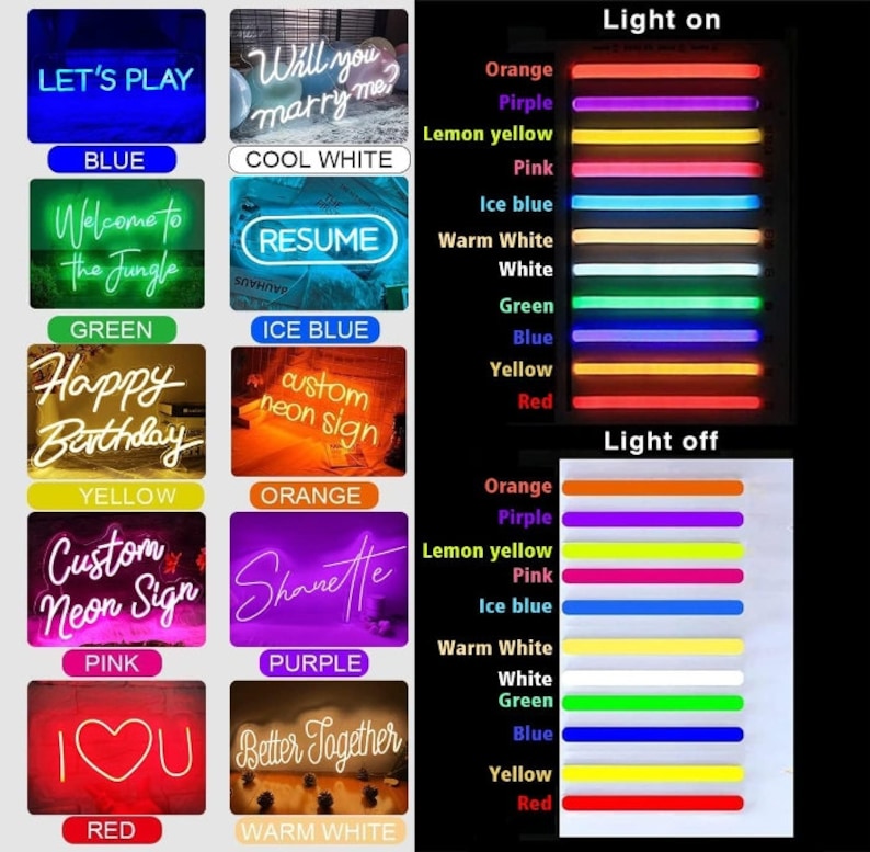 Op de afbeelding: Een grafiek die de kleur van neonborden laat zien wanneer ze aan en uit zijn. De kleuren omvatten oranje, paars, citroengeel, roze, ijsblauw, warm wit, wit, groen, blauw, geel en rood.