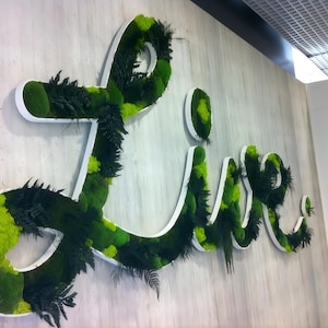 Letrero de musgo personalizado, logotipo de arte de musgo, letrero de musgo de pared, letrero de musgo hecho a mano para el hogar, letrero de musgo comercial, decoración de oficina, letra de musgo, luces de arte de pared de musgo