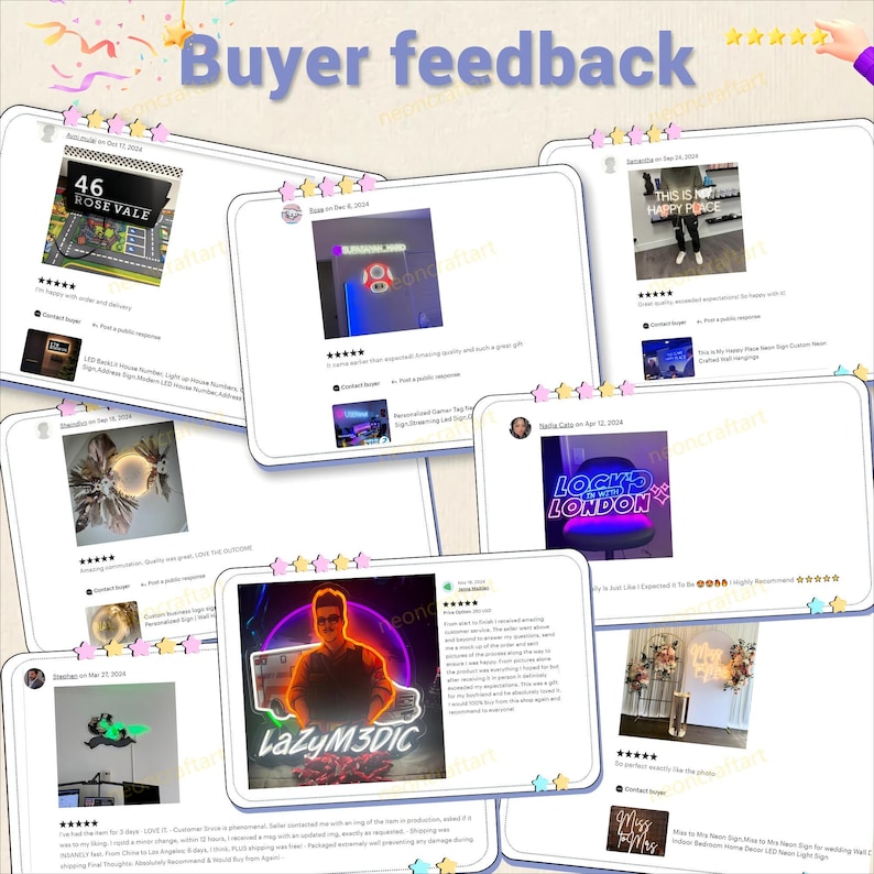 Op de afbeelding: Een collage van klantbeoordelingen voor neonborden. De beoordelingen bevatten afbeeldingen van de borden, samen met tekst die de kwaliteit en klantenservice benadrukt. De borden omvatten een huisnummer, een gamerlogo, een Londens bord en een bord met de tekst "Dit is mijn gelukkige plek".