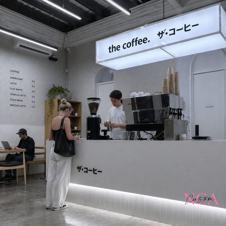 Puede incluir: Interior de una moderna cafeter&iacute;a con una barra blanca y el texto "the coffee. ザ・コーヒー" en un letrero. Un barista prepara una bebida mientras un cliente espera. Un men&uacute; muestra opciones de caf&eacute;.
