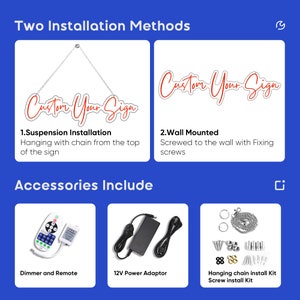 Op de afbeelding: Twee installatiemethoden voor een aangepast bord: hangen met een ketting of wandmontage met schroeven. Accessoires omvatten een dimmer en een afstandsbediening, een 12V-voedingsadapter, een hangende kettinginstallatieset en een schroefinstallatieset.