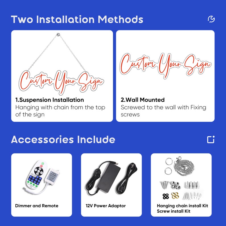 Op de afbeelding: Twee installatiemethoden voor een aangepast bord: hangen met een ketting of wandmontage met schroeven. Accessoires omvatten een dimmer en een afstandsbediening, een 12V-voedingsadapter, een hangende kettinginstallatieset en een schroefinstallatieset.