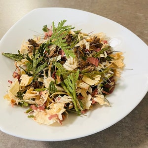 May include: A white bowl filled with a mixture of dried cedar, wood shavings, and other natural materials. The mixture is a light brown color with hints of pink and green.