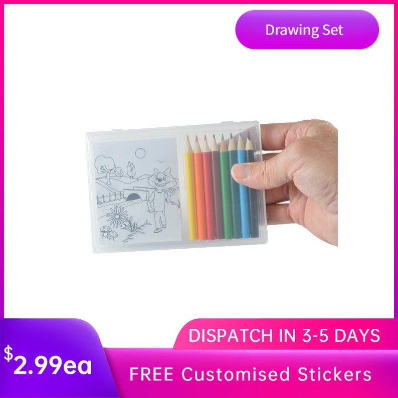 May include: A clear plastic case containing a colouring page and a set of 10 coloured pencils. The colouring page features a cartoon fox walking on a path. The pencils are yellow, orange, red, pink, green, blue, purple, brown, black, and light blue.