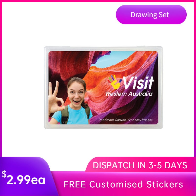 May include: A clear plastic case with a colourful image of a woman smiling and giving a thumbs up in front of a red and orange rock formation. The image also includes the text "Visit Western Australia" and "Deadmans Canyon, Kimberley Ranges".