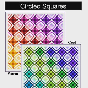 May include: Two quilts with a repeating pattern of circled squares. One quilt has warm colors, the other cool colors. The quilts are 54 inches by 54 inches.
