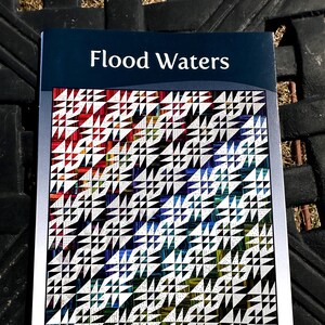 May include: A book titled "Flood Waters" by Brenda Henning, featuring a colorful quilt design on the cover. The quilt is made of geometric shapes in shades of red, orange, yellow, green, blue, and black. A smaller image of the author is in the bottom right corner.