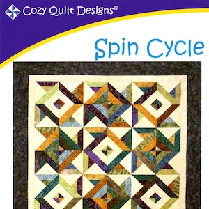 May include: A quilt pattern called "Spin Cycle" designed by Georgette Dell'Orco. The pattern is for a quilt made with 2 1/2 inch strips and includes instructions for lap, throw, twin, queen, and king sizes. The quilt features a geometric design with a variety of colors, including green, purple, orange, and brown.