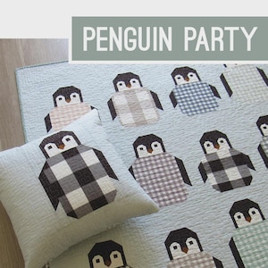 May include: A light blue quilt and pillow set featuring a repeating pattern of patchwork penguins. The penguins have black heads and various patterned bodies, including gingham and plaid. The text "PENGUIN PARTY" is at the top.