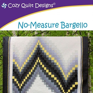 May include: A quilt pattern for a "No-Measure Bargello" quilt using 2 1/2 inch strips. The quilt is made in shades of gray, black, and yellow. The pattern is for a baby, lap, throw, or twin size quilt.