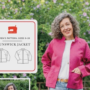 May include: A woman wearing a bright pink jacket, white shirt, and blue jeans smiles at the camera. The jacket has a stand-up collar and pockets. A sign in the image reads "Women's Pattern, Sizes 0-20, Brunswick Jacket."