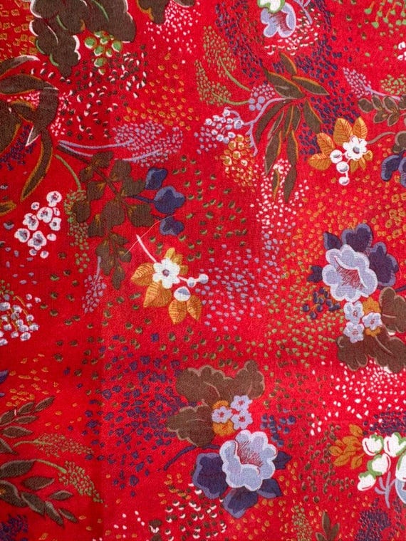 Vintage 1970s Red Floral Polyester Crepe Fabric