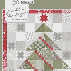 May include: A patchwork quilt with a Christmas tree design. The quilt features a variety of fabrics in shades of green, red, and gray, with star and geometric patterns. The text "Lella Boutique" is visible.
