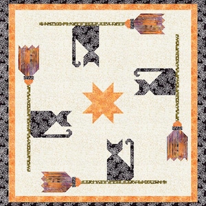 May include: A square quilt featuring a cream-colored center with four black cat silhouettes patterned with white spiderwebs, each paired with a broomstick. An orange star sits in the middle, surrounded by an orange and black spiderweb border.