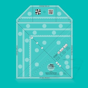 May include: A turquoise blue quilting ruler with a white polka dot pattern. The ruler is labeled "Hunter's Star Trim Tool" and includes measurements in inches for different block sizes. The ruler is designed for use with a 1/4 inch seam allowance.