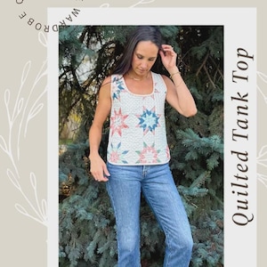 May include: A quilted tank top with a star pattern in shades of pink, blue, and green. The top is paired with blue jeans. The image also includes the text "Quilted Tank Top" and "Quilted Capsule Wardrobe".