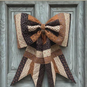 May include: A large, decorative bow made of quilted fabric, featuring a patchwork design in shades of brown, cream, and black. The bow is attached to a wooden door. The bow's design includes floral and geometric patterns.