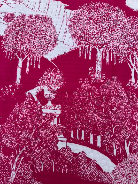 Toile De Joy Tole- Vintage Fabric- Magenta and White- 1970s Quilted Texture Fabric