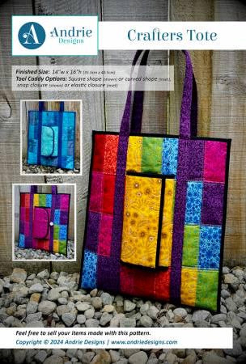 May include: A colorful tote bag with a smaller pocket on the front. The tote bag is made of patchwork fabric in shades of red, purple, green, yellow, and blue. The tote bag is 14 inches wide by 16 inches tall. The text "Crafters Tote" is printed in black at the top of the image.